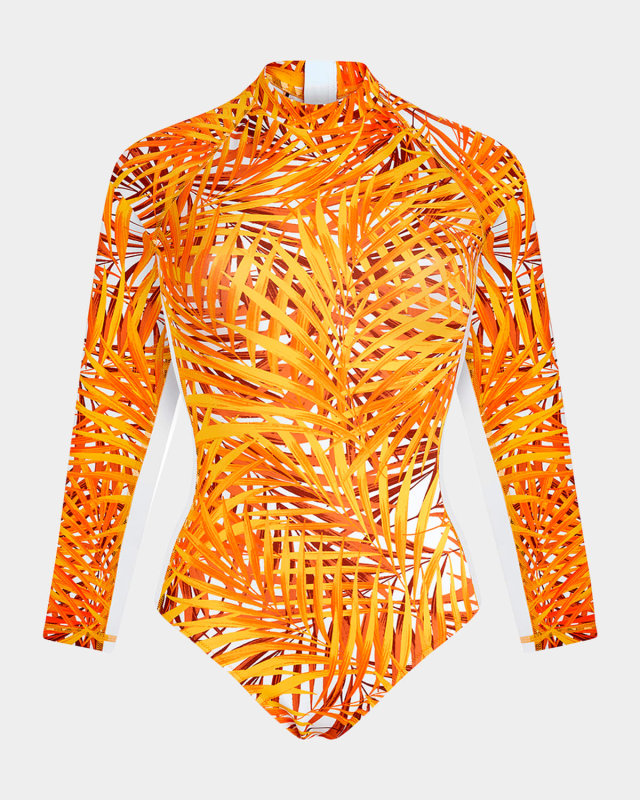 Palm Leaves Neoprene Rashguard One-Piece Swimsuit